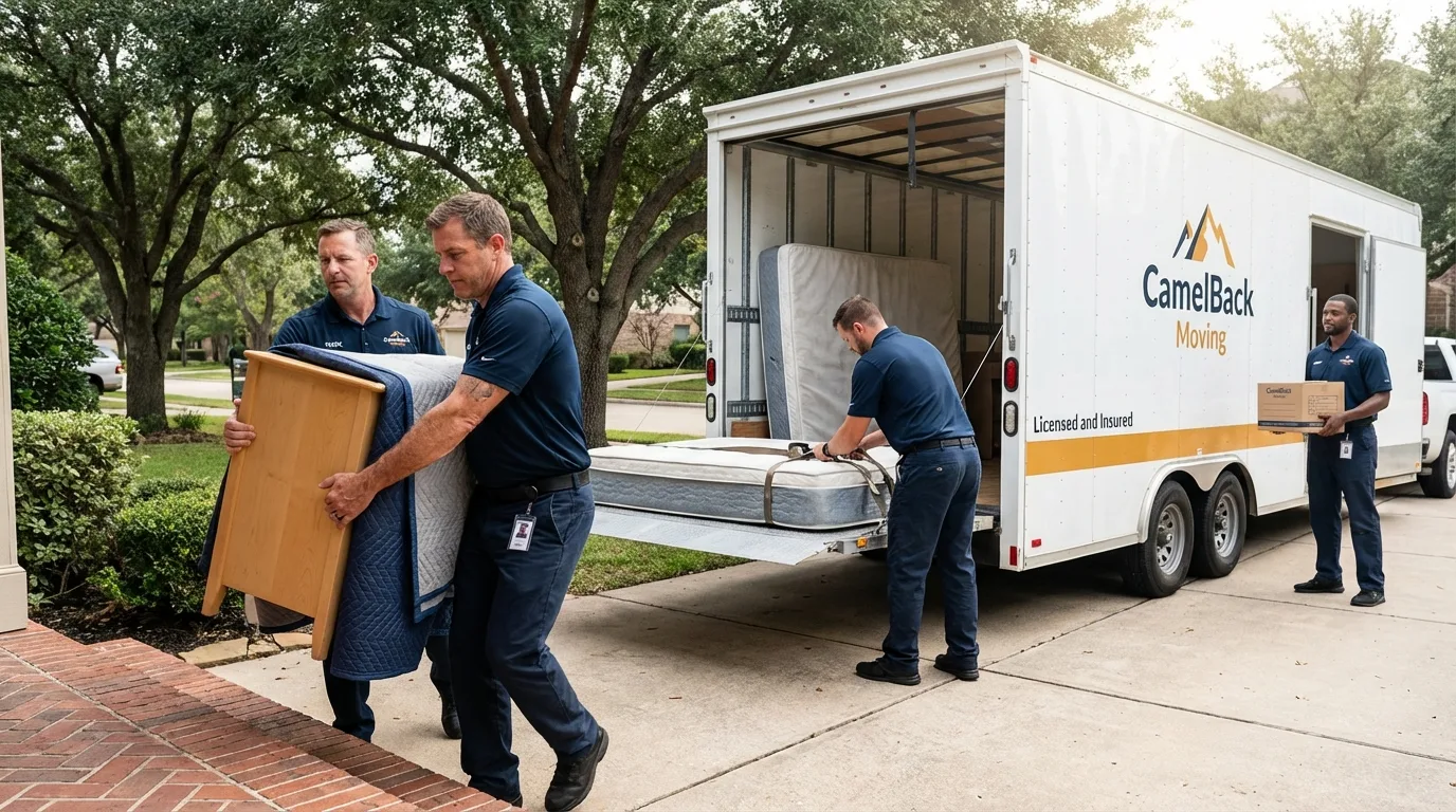 Crew loading residential truck for cross-state move from Talihina, OK