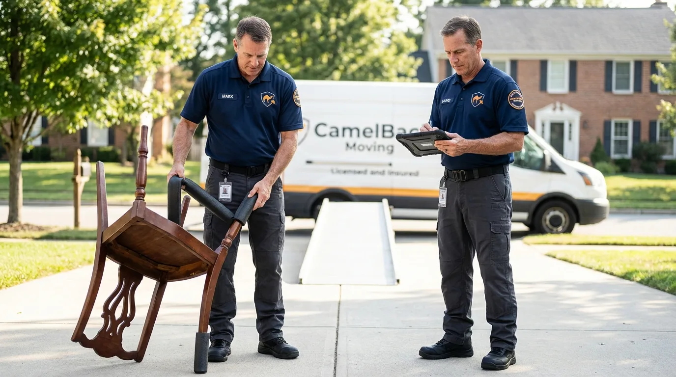 Movers inspecting furniture for damage prevention before loading in Talihina, OK