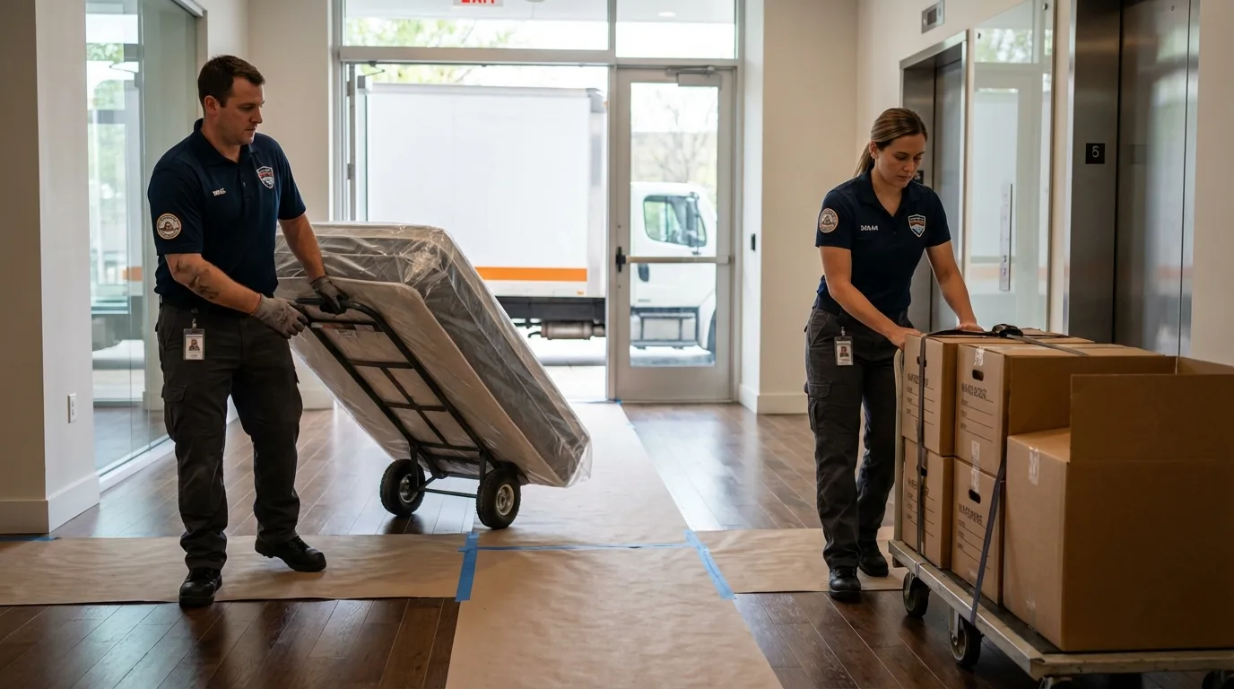 Professional apartment movers loading elevator in Talihina, OK