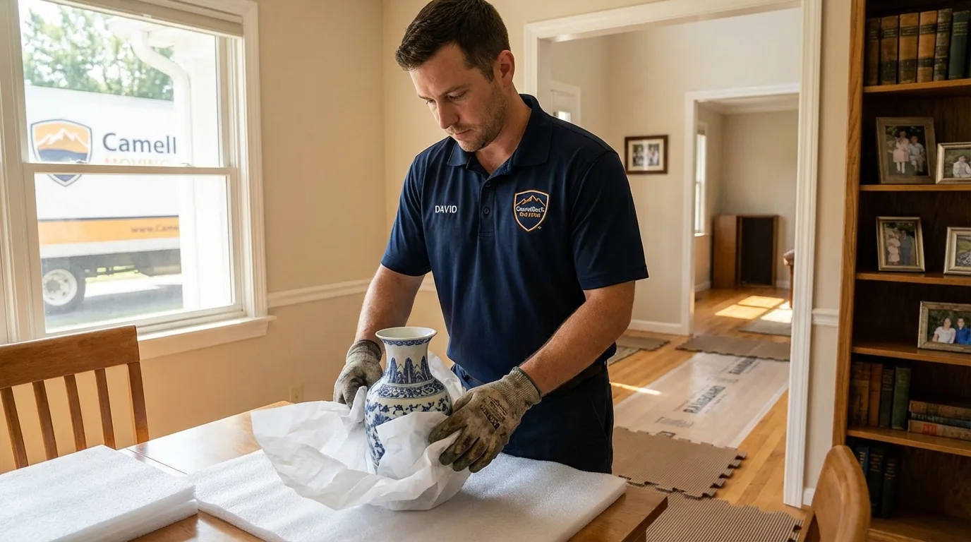 Professional crew carefully wrapping antique vase for senior downsizing move in Talihina, OK